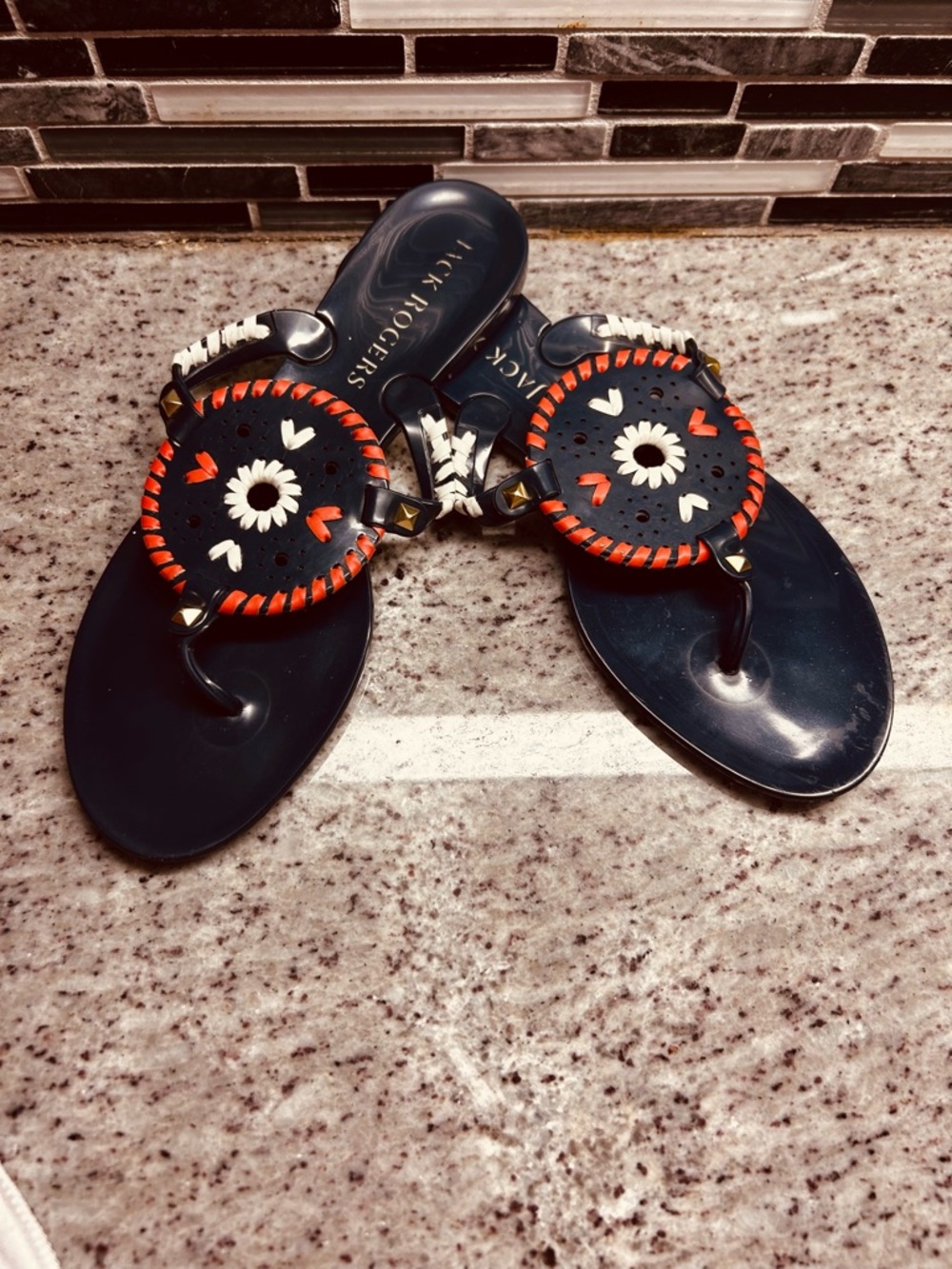 Jack Rogers Georgica Navy Sandal with Red and White Medallion size 9